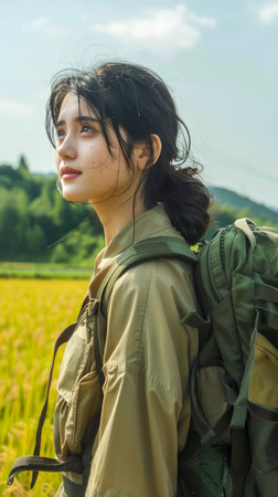 Young Woman Backpacker Marveling at Nature on Sunny Day Amidst Lush Fields AI Generativeの素材