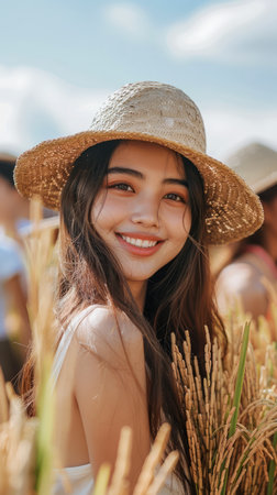 Smiling Young Woman in Straw Hat Enjoying Sunny Day Amongst Golden Wheat Field, Carefree Summer Lifestyle Concept AI Generativeの素材
