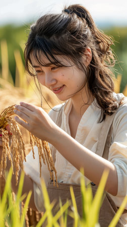 Young Asian Woman Gently Touching Rice Panicles in a Golden Paddy Field with Sunlight Shining Through AI Generativeの素材