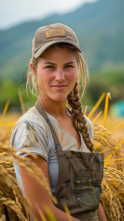 Young Female Farmer Smiling in Wheat Field during Harvest Season Wearing Hat and Work Overalls AI Generativeの素材