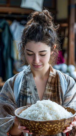 Young Woman in Traditional Dress Holding a Bowl of Rice with a Smile AI Generativeの素材