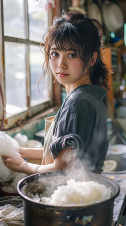 Young Woman Cooking in Rustic Kitchen, Preparing Rice with Natural Light AI Generativeの素材