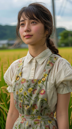 Young Asian Woman in Patterned Sundress Posing in a Sunny Green Field with a Serene Expression AI Generativeの素材
