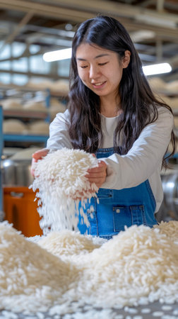 Young Asian Woman Smiling as She Gently Lifts Fresh White Rice Grains in a Factory Setting AI Generativeの素材