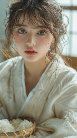 Young Woman with Natural Makeup Holding Bamboo Basket with Rice in Serene Setting AI Generativeの素材