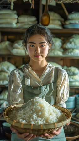 Young Woman in Traditional Attire Holding a Basket Full of Freshly Steamed Rice in Rustic Kitchen Setting AI Generativeの素材