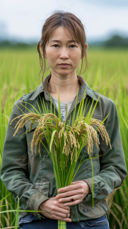 Young Asian Female Farmer Holding Rice Plants in Lush Green Paddy Field, Portrait of Agriculture Worker in Rural Farm AI Generativeの素材