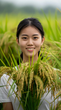 Smiling Young Asian Woman Enjoying Nature among Lush Green Rice Field on Overcast Day AI Generativeの素材
