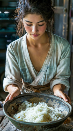 Traditional Asian Cuisine Preparation Young Woman in Cultural Attire Gently Holding a Bowl of White Rice AI Generativeの素材
