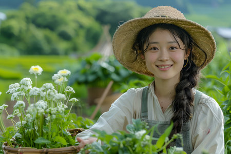 Young Woman Smiling While Gardening, Holding Flowerpot in Lush Green Countryside Setting AI Generativeの素材