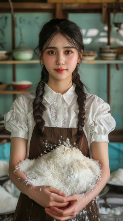 Young Woman in Rustic Kitchen Holding Fresh Flour, Vintage Style Portrait with Soft Lighting AI Generativeの素材