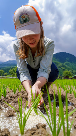 Young Woman Engaged in Rice Field Planting Under Bright Blue Sky and Lush Mountains AI Generativeの素材