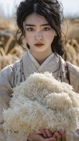 Young Woman in Traditional Asian Attire Holding Fresh Harvest in a Field AI Generativeの素材