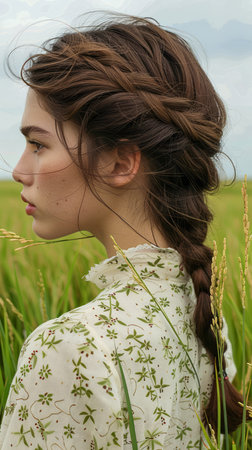 Young Woman with Elegant Braided Hairstyle Contemplating in Serene Meadow Field AI Generativeの素材