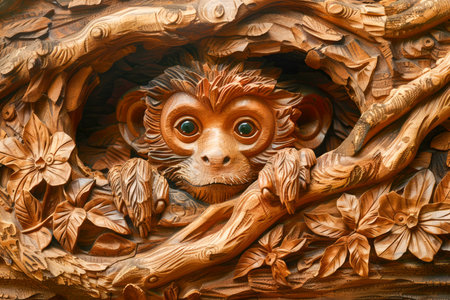 Adorable Expressive Monkey Peeking Out from Intricately Carved Wooden Hollow Surrounded by Floral Patterns AI Generativeの素材