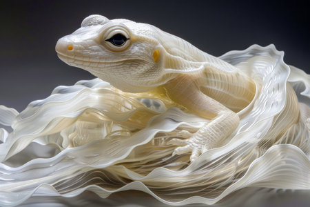Majestic Albino Lizard Posing Elegantly on a Textured White Fabric Background in Studio Light AI Generativeの素材