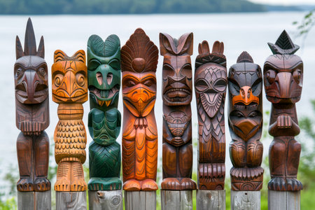 Collection of Intricately Carved Wooden Totem Statues with Various Animal Faces against a Calm Lake Background AI Generativeの素材