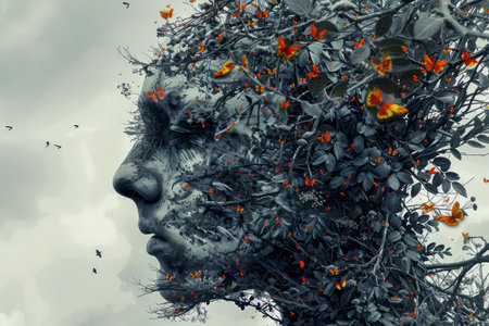 Abstract Human Face with Tree Branches and Autumn Leaves Conceptual Art AI Generativeの素材