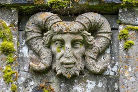 Ancient Ram Headed Stone Carving with Moss on Old Wall Historic Sculpture Detail in Natural Setting AI Generativeの素材