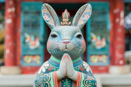 Colorful Traditional Rabbit Statuette with Praying Hands in Asian Temple Setting AI Generativeの素材