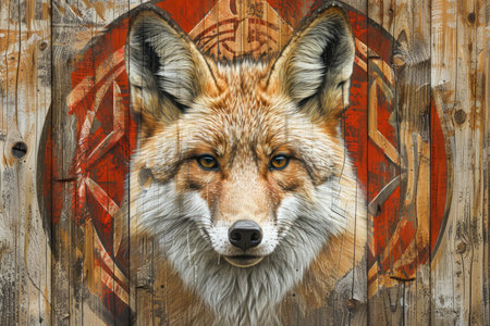 Majestic Fox Illustration on Rustic Wooden Background, Vibrant Animal Portrait, Tribal Artwork AI Generativeの素材