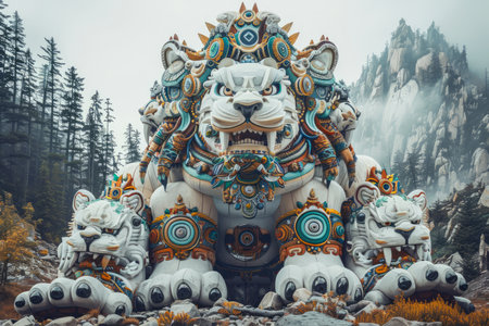 Majestic Fantasy Tiger Statue in Mystical Forest Scenery with Fog and Mountains AI Generativeの素材