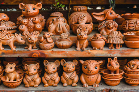 Assorted Handcrafted Clay Figurines Displayed on Shelves at a Traditional Outdoor Market AI Generativeの素材