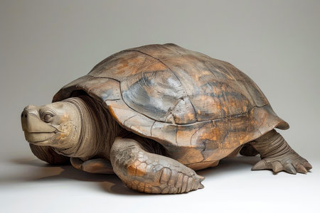Close up Isolated Portrait of a Realistic Sculpture of a Large Tortoise on Neutral Backdrop AI Generativeの素材