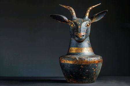 Ancient Mythical Goat Vase with Detailed Carvings on Dark Background Antiquity, Art, and History Concept AI Generativeの素材