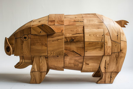 Artistic Wooden Pig Sculpture on Plain Background Handcrafted Farm Animal Figure with Detailed Woodwork AI Generativeの素材