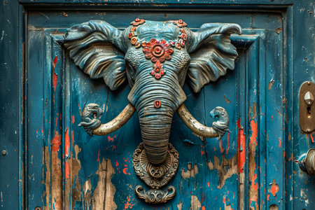 Antique Elephant Head Sculpture with Elaborate Ornamentation on a Distressed Blue Wooden Door AI Generativeの素材