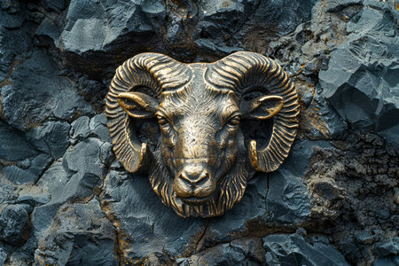 Golden Ram Head Sculpture Mounted on Textured Dark Stone Wall for Artistic Concept Background AI Generativeの素材
