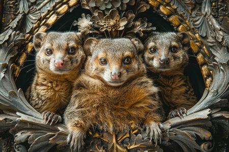Trio of Cute Brown Kinkajous Peering from Ornate Frame in Vintage Style Wildlife Portrait AI Generativeの素材