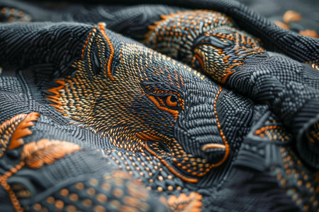 Intricate Embroidered Fabric with Golden Wolf Design on Black Material Textile Art in Close Up Detail AI Generativeの素材
