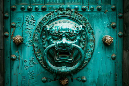 Intricate Traditional Chinese Lion Door Knocker on Teal Ancient Door with Decorative Ornaments AI Generativeの素材