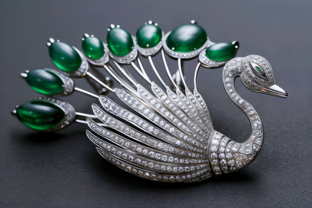 Elegant Swarovski Crystal and Emerald Green Stone Peacock Brooch Jewelry on a Dark Background AI Generativeの素材