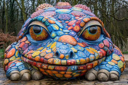 Colorful Fantasy Frog Sculpture with Intricate Patterns in a Whimsical Garden Setting Vivid and Artistic Outdoor Decoration AI Generativeの素材