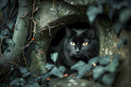 Mysterious Black Cat Hiding in Shadowy Green Foliage, Intense Gaze, Wildlife Outdoor Scene or Domestic Pet in Nature AI Generativeの素材