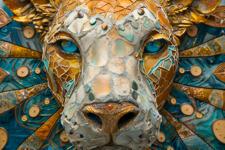 Intricate Ceramic Mosaic Lion Artwork Handcrafted Animal Portrait with Colorful Abstract Patterns AI Generativeの素材