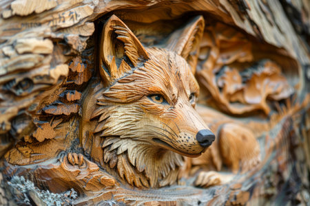 Intricate Wooden Carving of a Fox's Head Imbedded in a Tree Trunk Nature Inspired Artistry and Craftsmanship AI Generativeの素材