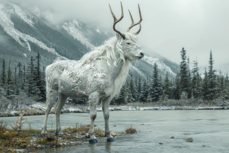 Majestic White Reindeer with Impressive Antlers Standing by a Frozen Lake in Snowy Mountainous Landscape AI Generativeの素材