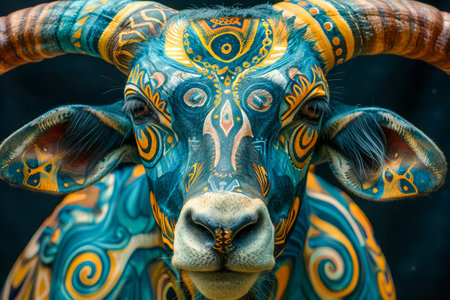 Vibrant Hand Painted Tribal Patterns on a Majestic Bull&#39;s Face with Curved Horns Against Dark Background AI Generativeの素材