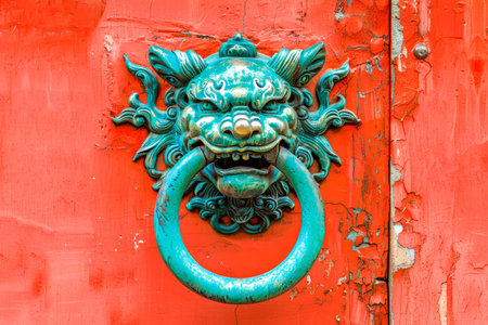 Traditional Turquoise Lion Head Door Knocker on a Vibrant Red Textured Wooden Door in Historic Building AI Generativeの素材