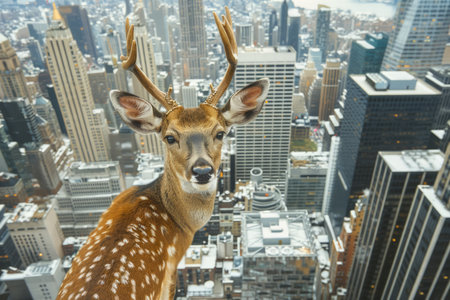 Surreal Urban Wildlife Concept Deer with Antlers Overlooking Bustling City Skyline AI Generativeの素材