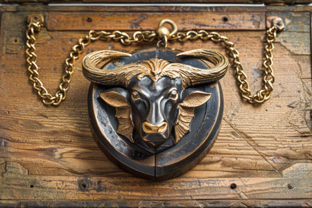Vintage Bull Head Knocker on Rustic Wooden Door, Antique Metallic Ornament, Symbol of Strength and Security AI Generativeの素材