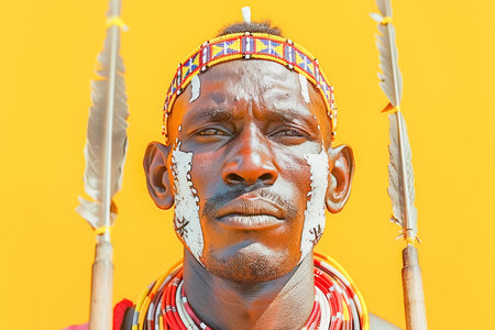 Portrait of a Maasai Warrior with Traditional Beads and Attire Against Orange Background AI Generativeの素材