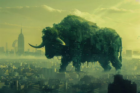 Surreal Composite Image of a Giant Bison Roaming Through an Urban Cityscape in Misty Green Atmosphere AI Generativeの素材