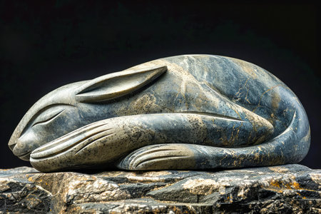 Serene Stone Sculpture of a Sleeping Rabbit on a Black Background Traditional Handcrafted Art AI Generativeの素材