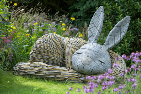 Whimsical Wicker Rabbit Sculpture in Lush Garden Setting, Artistic Handcrafted Outdoor Decoration AI Generativeの素材