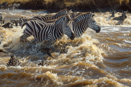 Zebras Frantically Crossing a Muddy River in Wild African Landscape, Nature&#39;s Dramatic Survival Scene AI Generativeの素材